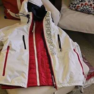Superdry Snow Jacket in White with Red Details